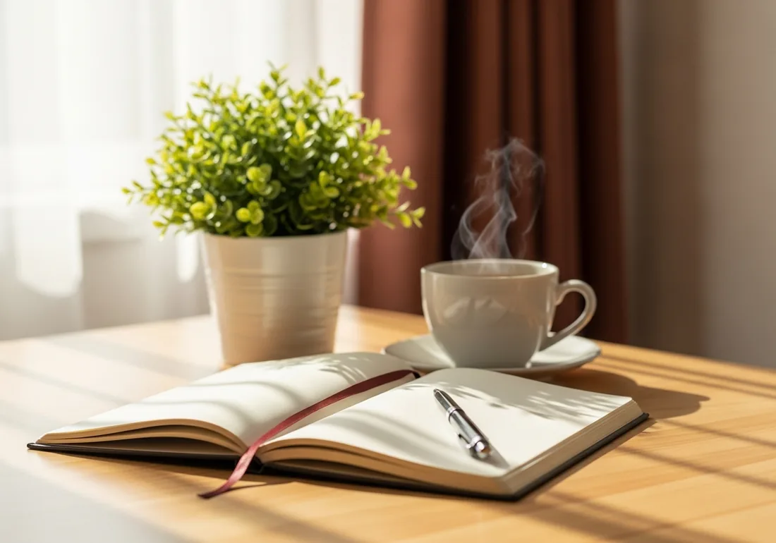 An open notebook and pen beside a steaming cup on a sunlit desk