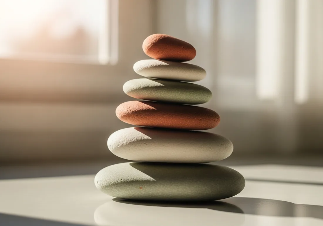 A carefully balanced stack of smooth pebbles in soft natural light