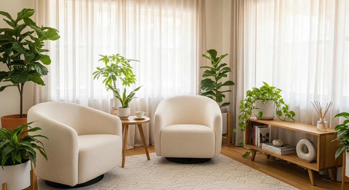 A calm, welcoming therapy space with soft chairs and plants, representing couples counselling
